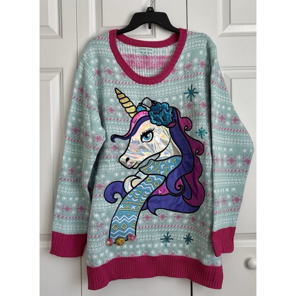 Ugly Christmas Sweater Women Knit Blue Unicorn Pullover Crew Neck Holiday Festiv - Picture 3 of 9